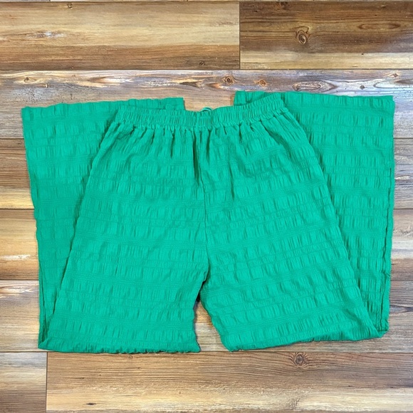 Drawstring Green Split Wide Leg Textured Pants Size L - Picture 3 of 5